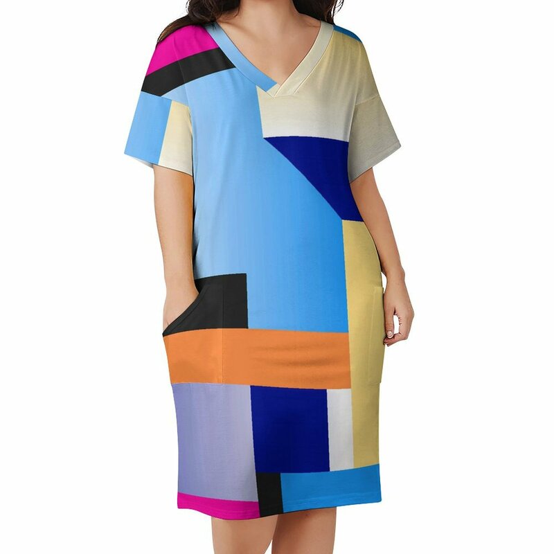 Vestido Casual de bloque de Color vibrante para mujer, vestidos elegantes geométricos abstractos, ropa de calle con cuello en V, patrón de talla grande, Verano