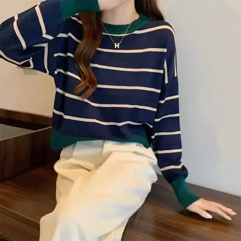 Женский пуловер с О-образным вырезом и длинным рукавом, повседневная трикотажная одежда, Женский шикарный топ в полоску, пикантная фотография в Корейском стиле, весна-осень