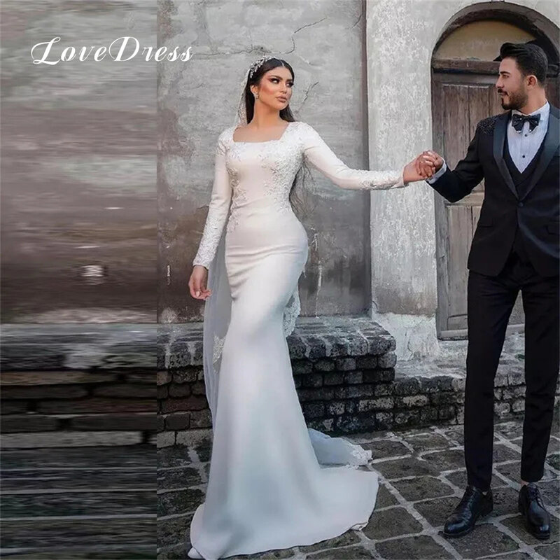 Love Elegant Lace Applique maniche lunghe Meimaid Stain abiti da sposa colletto quadrato lunghezza pavimento abiti da sposa Vestidos De Novia