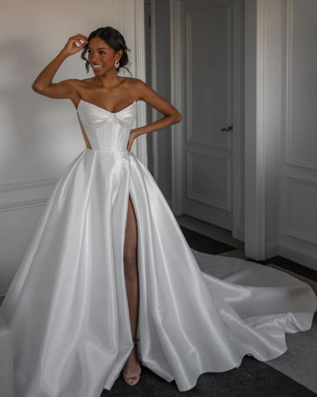 Seksowne suknie ślubne dla kobiet bez ramiączek rozcięcie na udzie Sweetheart Vestidos De Novia Bone stanik satynowe eleganckie suknie ślubne