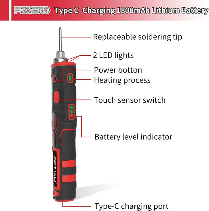 FROGBRO 무선 전기 납땜 인두 키트, 충전식 납땜 도구, 전문 휴대용 용접 도구, 480 ℃, 1800mAh