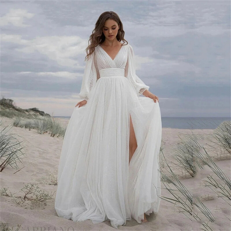 Suknie ślubne w stylu Vintage BOHO dla kobiet proste tiulowe suknie ślubne z długimi bufiaste rękawy w stylu Sweetheart Vestidos De Novia