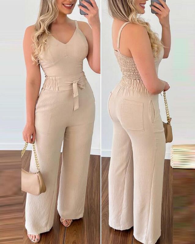 2023 Summer Woman Long Jumpsuits Elegant Sexy V-Neck Shirred Cami Top & High Waist Pants Set New Fashion Casual One Pieces