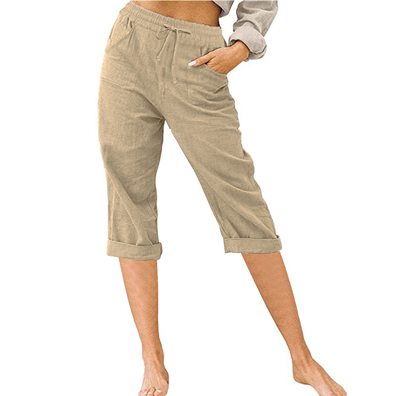 Pantalones Capris rectos de cintura elástica para mujer, Capris informales, a la moda, sencillos, sólidos, para vacaciones en la playa, novedad de verano