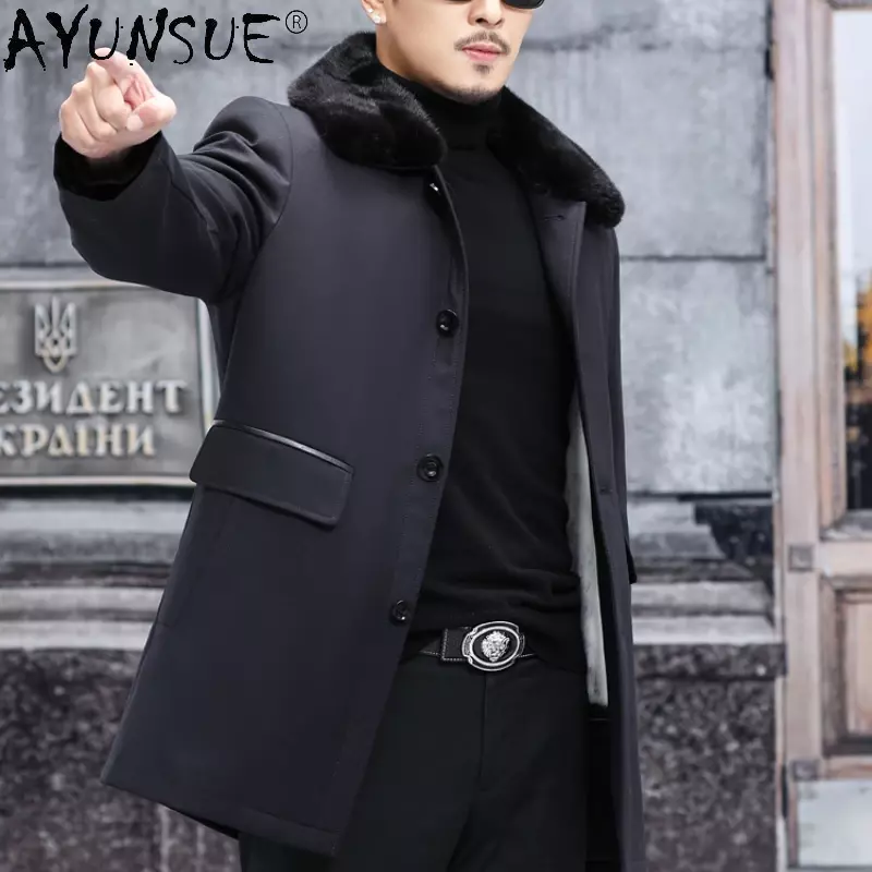 Ayunsue-メンズの取り外し可能なミンクの毛皮の裏地,暖かいコート,カジュアル,冬の服,高品質