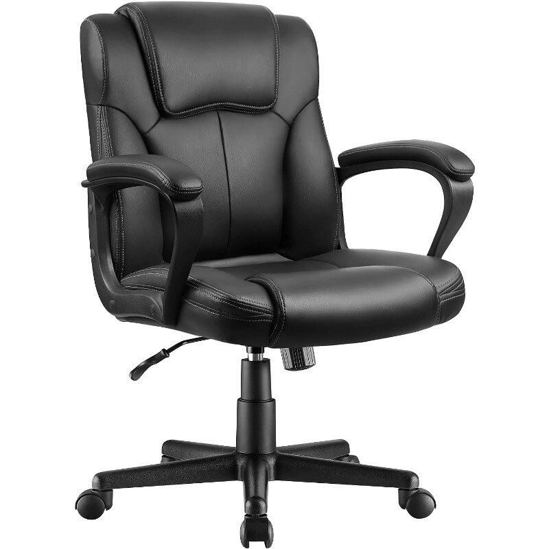 Silla de oficina ejecutiva giratoria, asiento de tarea con espalda media ergonómica, soporte de cintura, cuero PU, negro