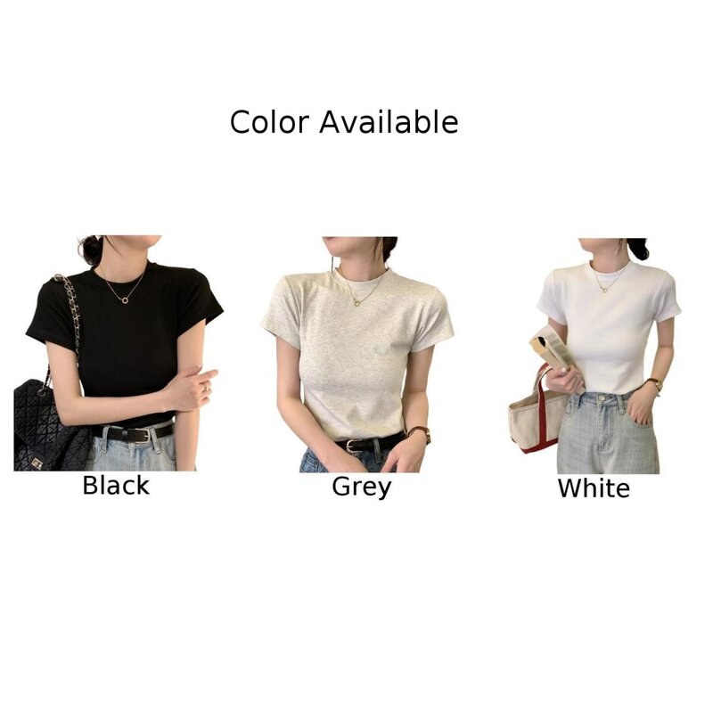 Camiseta de manga corta para mujer, Tops ajustados de Color sólido, cuello redondo versátil, todas las estaciones, cuello redondo cómodo, diario