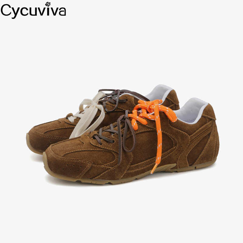 New Casual Lace Up Flat Sneakers Women and Men Suede Leather Running Loafers Mixed color Shoelace Vacation Platform Walk Shoes