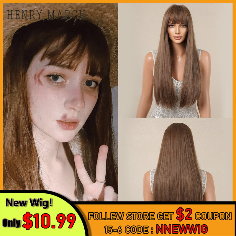 Aiko tanaka-Peluca de cabello Natural sintético para mujer, pelo largo y liso con flequillo, color marrón, resistente al calor, para uso diario