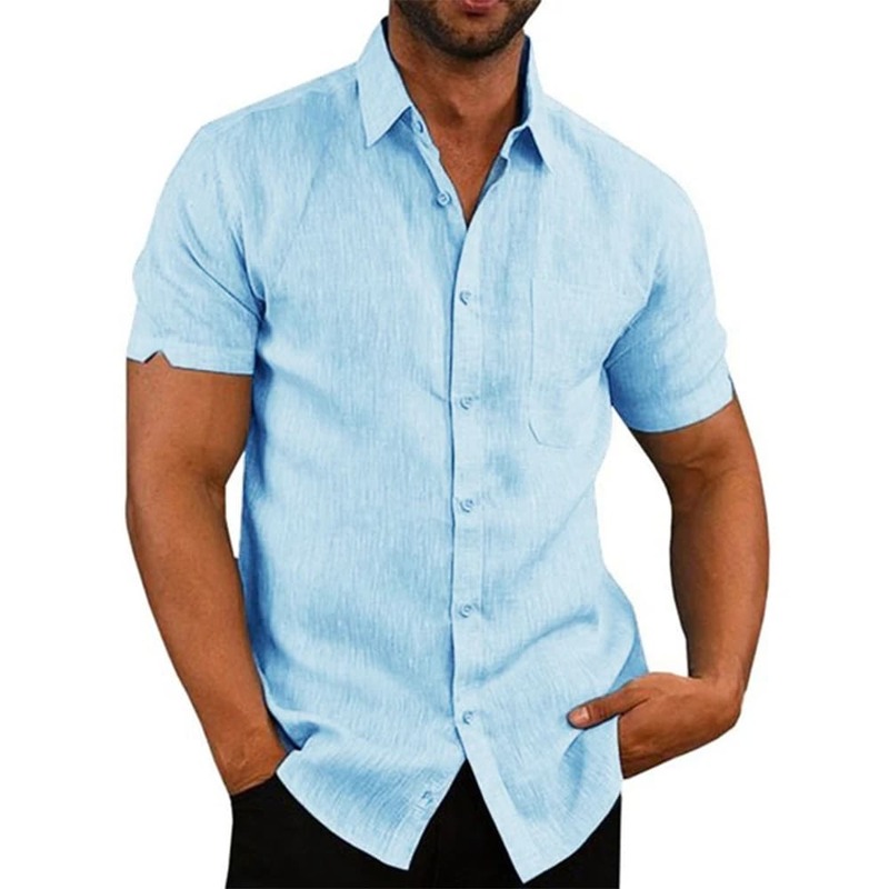 Camisas de manga corta de lino y algodón para hombre, camisas de verano de Color sólido, cuello vuelto, estilo informal de playa, talla grande, gran oferta