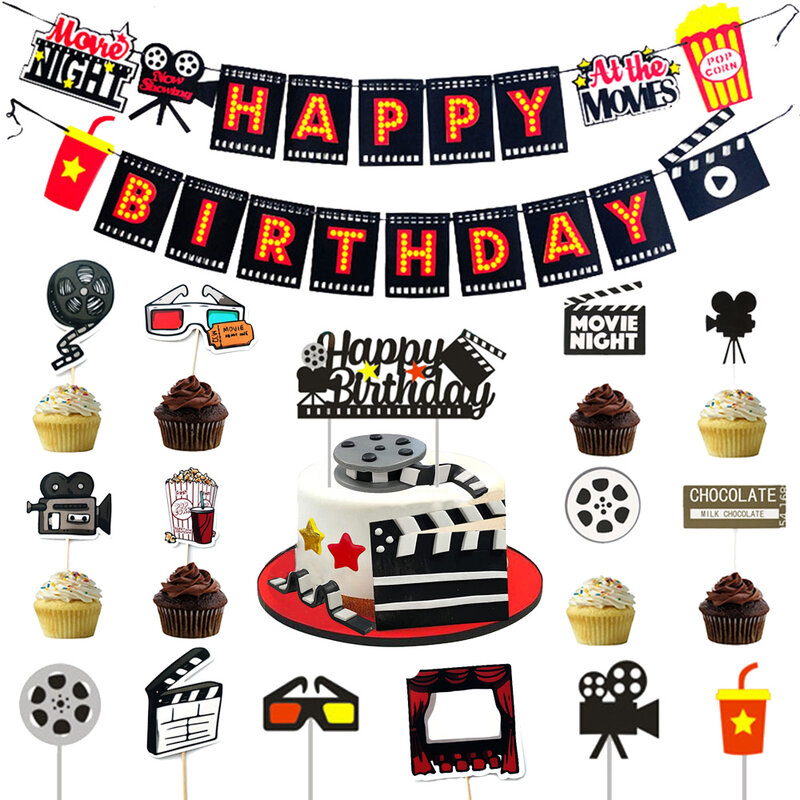 Party Cupcake Topper for Birthday, Night Festas, Tema de filme, Pipoca, Cinema Ticket, Lamplight, Camera Cakes Decoração