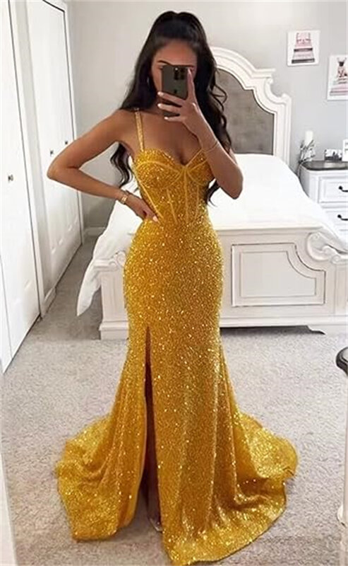 2024 Women Spaghetti Strap V-Neck Mermaid Sequin Prom Dresses Sparkly Sleeveless Corset High Slit Formal Evening Party Dress
