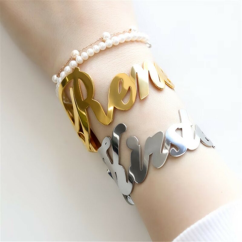 Custom Big Name Cuff Bangles For Women Men Wrist Jewelry Personalized Stainless Steel Bold Nameplate Open Bangles Accessories