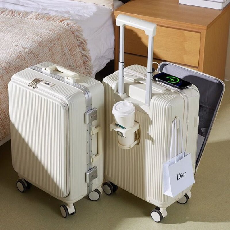 Maleta de equipaje con marco de aluminio multifuncional, Maleta de carro con Apertura frontal, maleta con contraseña, bolsa de embarque con ruedas universales