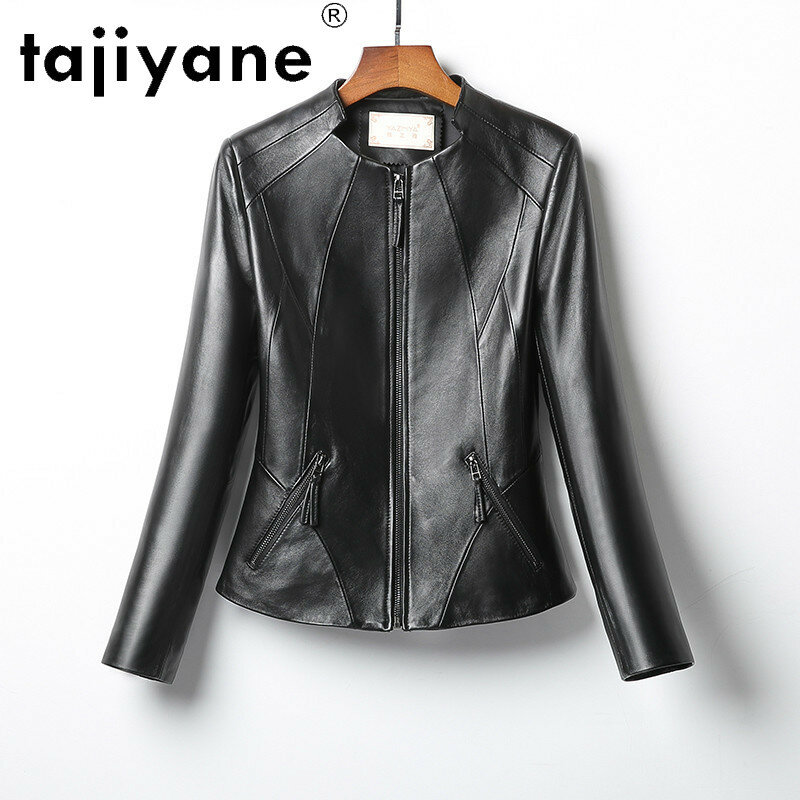 Tajeyane-Chaqueta de piel de oveja auténtica para mujer, abrigo negro para primavera, 100%, TN1922