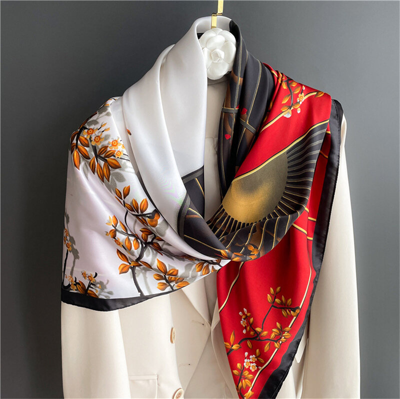 Шелковый квадратный шарф 90*90 см, Женский атласный шейный платок с принтом в винтажном ретро стиле, женские шарфы для головы, модель 2023