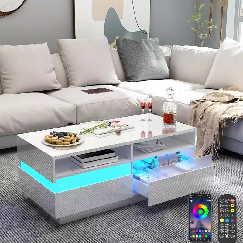 Coffee Table, Modern High Glossy LED Coffees Tables W/ 2 Storage Drawers, Coffee Table