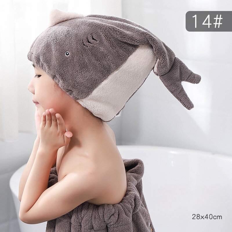 Topi mandi handuk rambut hiu lucu cepat kering untuk wanita topi rambut kering lembut untuk wanita Turban anak dewasa topi rambut kering hiu