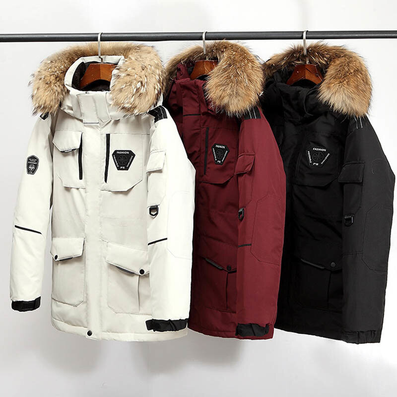 남성용 겨울 다운 재킷, 따뜻한 후드 화이트 덕 아노락 파카, 미드 롱 분리형 모피 칼라 코트, 방수 남성