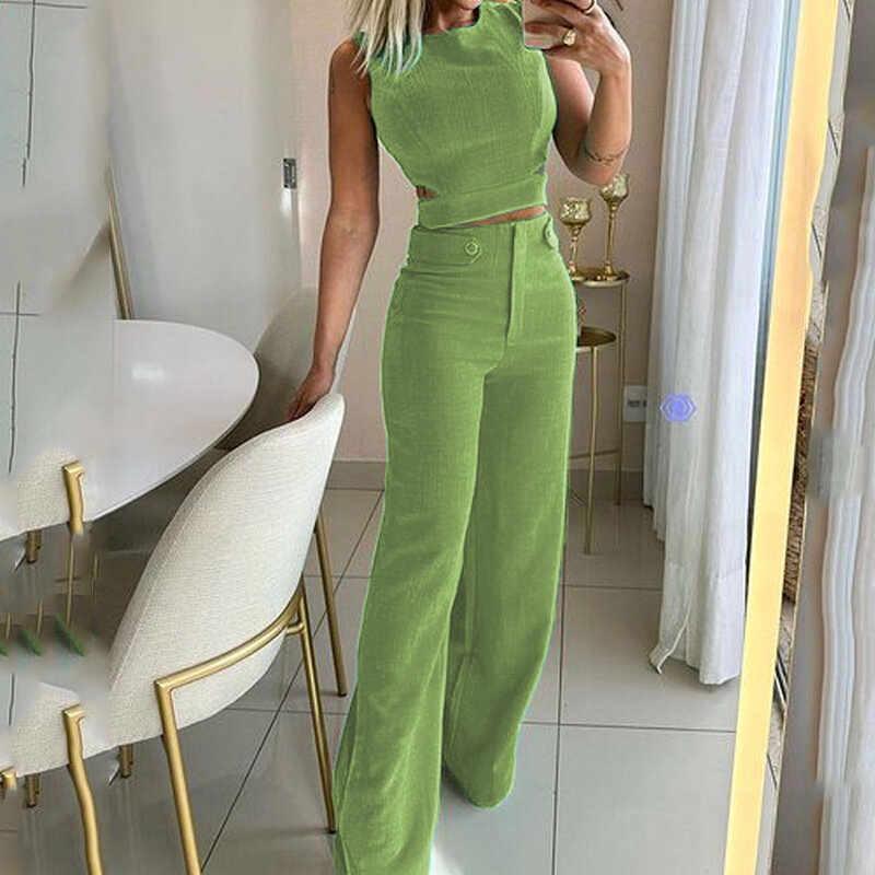Women Sleeveless Slim Two Piece Set 2023 Summer New Pant Sets Tight Hollow Out Cropped Top High Waist Long Pants Suits Commuting