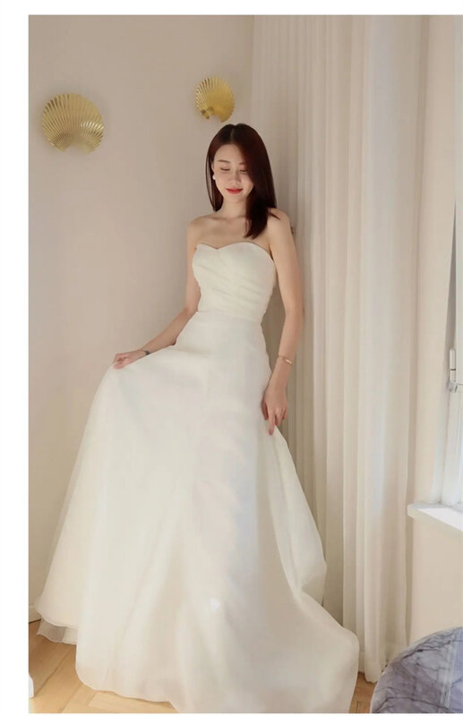 여성용 심플한 보트 넥 스트랩 없는 A 라인 시폰 민소매 웨딩 드레스, 2024 스윕 트레인 신부 가운