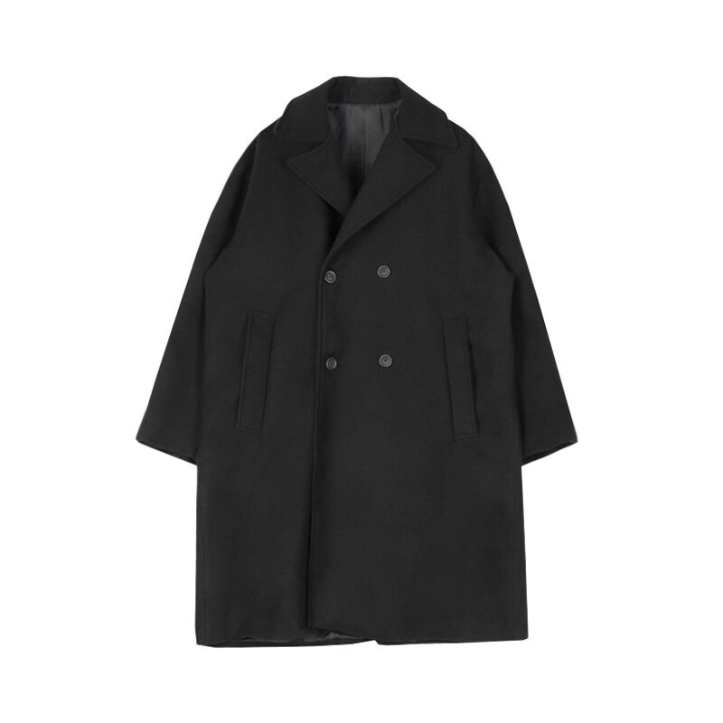 Mantel wol panjang versi Korea pria, mantel wol tebal longgar dan kasual tampan hitam kerah.