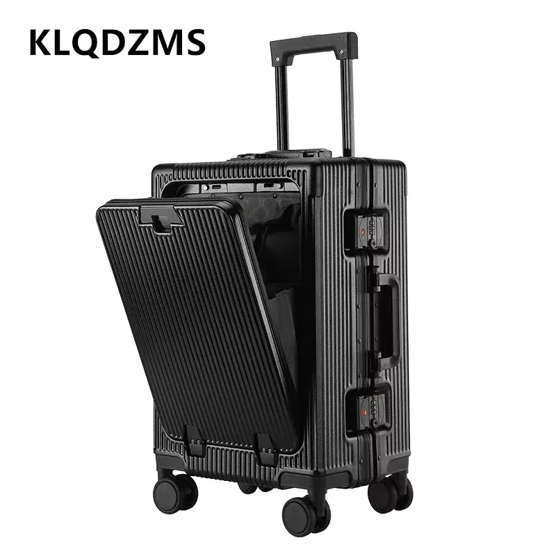 KLQDZMS PC Suitcase 20 Inch Front Opening Aluminum Frame Boarding Case 24" Laptop Trolley Case USB Charging Cabin Luggage