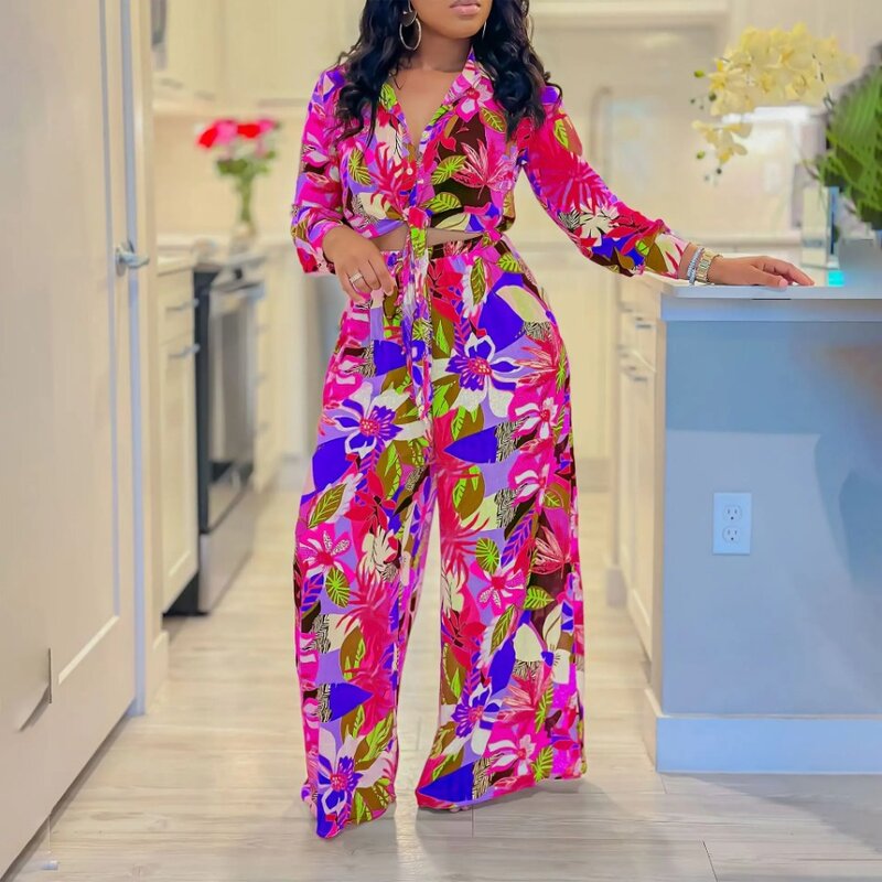 Africa Clothing 2 Piece African Clothes for Women Summer Elegant Long Sleeve V-neck Print Top Long Pant Matching Sets Outfits