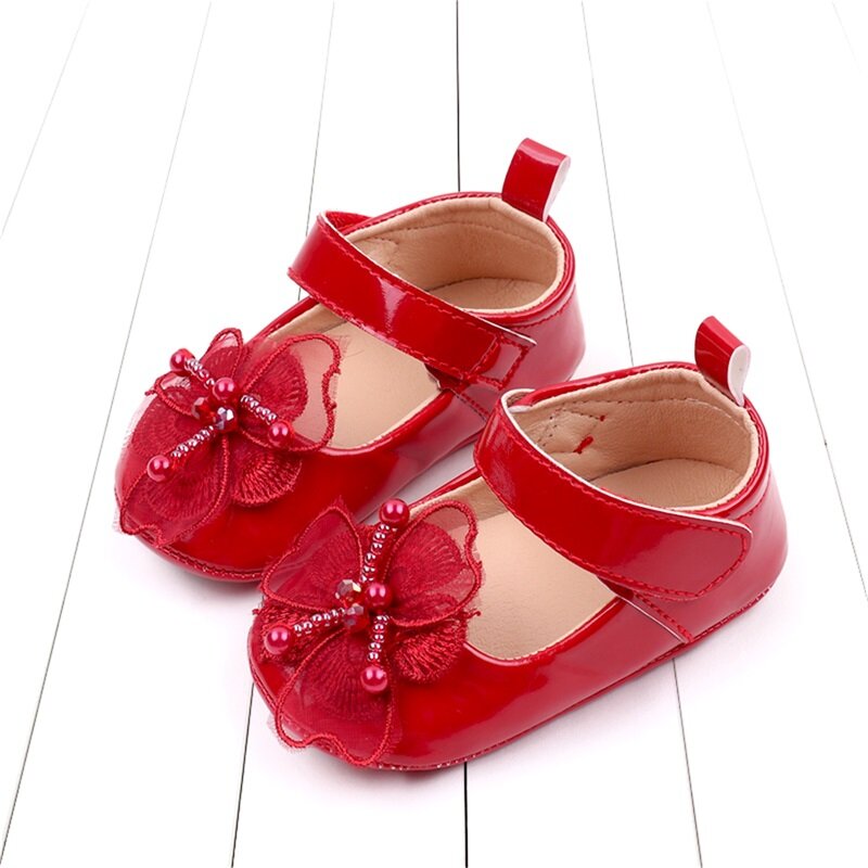 Baby Girls 'Soft PU couro flor antiderrapante princesa sapatos, sapatos de criança, primeiro Walker