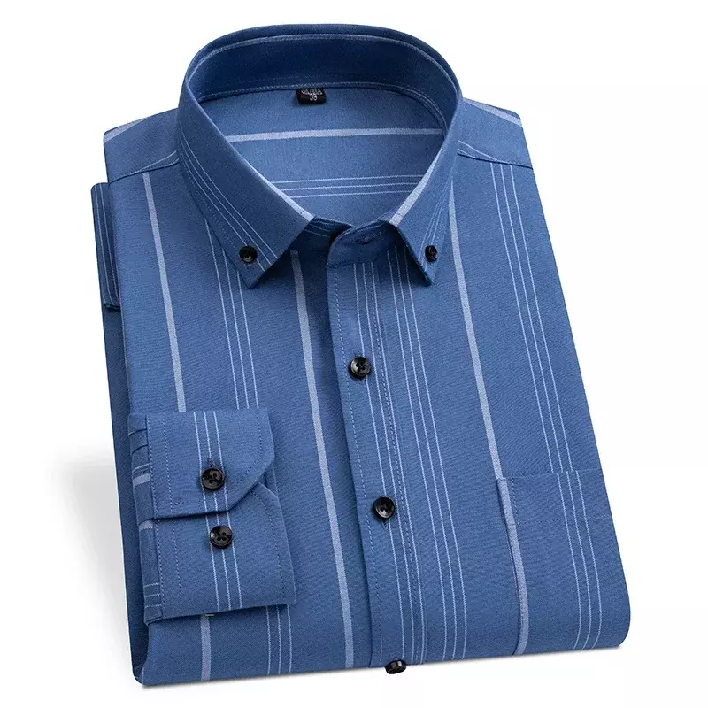 Men Spring  Autumn Long-sleeve Shirts Slim Fit Formal Plain Shirt Striped Plaid Slingle Pocket TopsItems Clothes