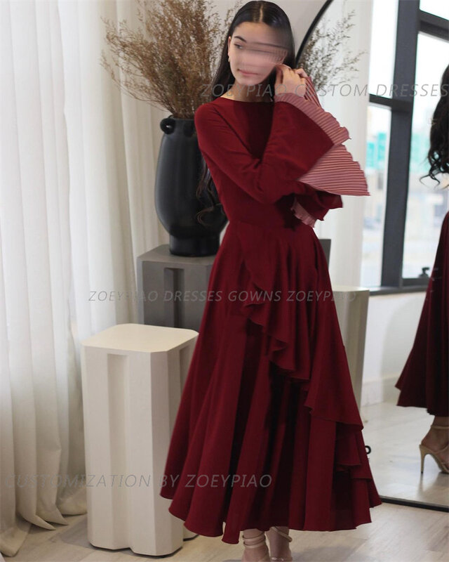 Gaun Prom A Line Burgundy cantik gaun Arab Satin gaun Lengan penuh leher-o gaun Formal Vestidos De Gala 2024