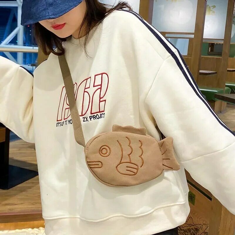 Saco de lona bonito para mulheres, estilo coreano, bordado, desenhos animados criativos, forma de peixe feio, bolsa de ombro, bolsa