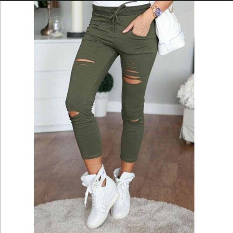2023 Cargo Pants Women Fashion Slim High Waisted Stretchy Skinny Broken Hole Pencil Pants Solid Color Streetwear Trousers Womens