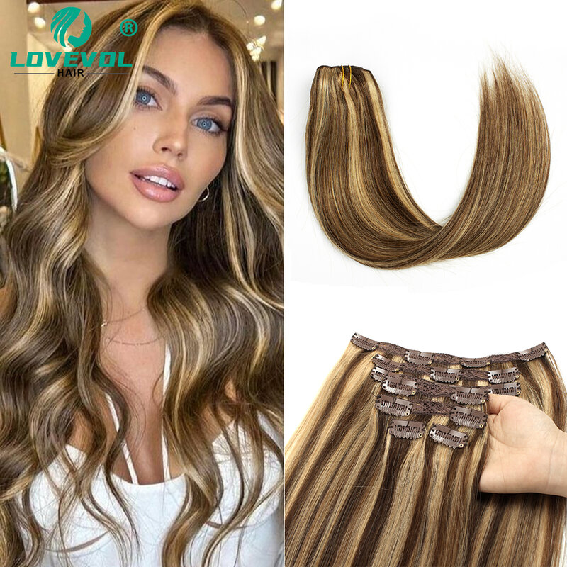 7Pcs 120G Clip In Hair Extensions 100% Human Hair Double Weft Remy Hair Extension Clip In Medium Brown Mix Dark Blonde For Girl