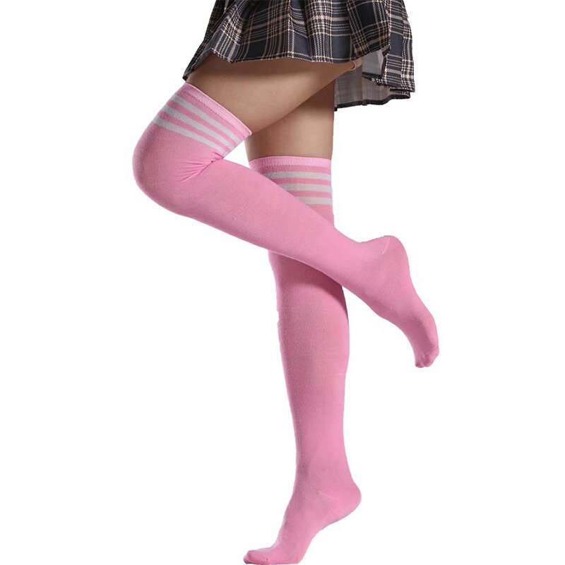 Jk Vrouw Cosplay Kousen Roze Witte Stroken Lolita Lange Sokken Over Knie Dij Hoge Sokken Vrouwen Compressie Sokken