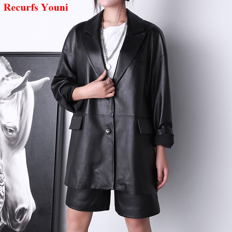 Pakaian kulit asli wanita, jaket setelan panggung lengan panjang minimalis mantel ukuran besar longgar siluet kulit domba musim dingin 2023
