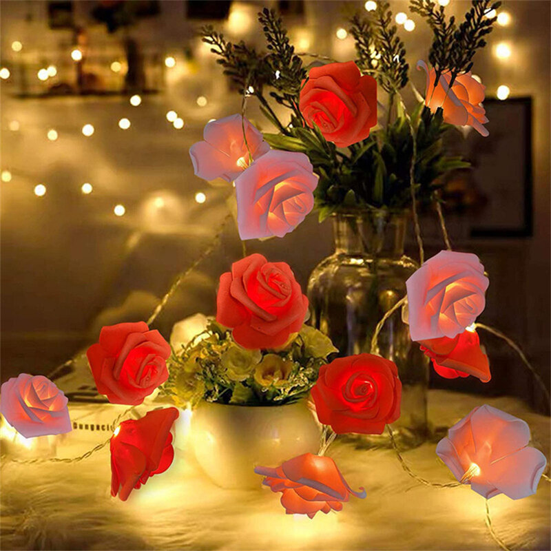 Guirlande lumineuse à 10 LED avec roses artificielles, 1.5m, fonctionnement à piles, féerique, décoration pour mariage, saint-valentin