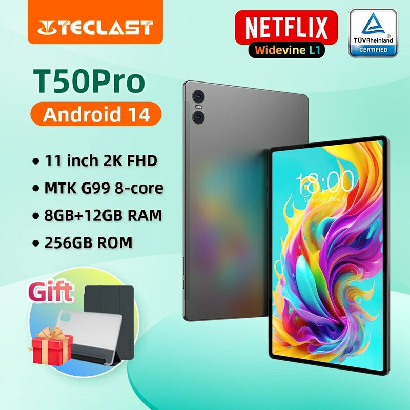 Teclast-T50Pro MTK G99 Tablet, 11 Polegada, 2K Display, 20GB RAM, 256GB ROM, Android 14, 8000mAh, Carregamento Rápido, Rede 4G, Desbloqueio Facial