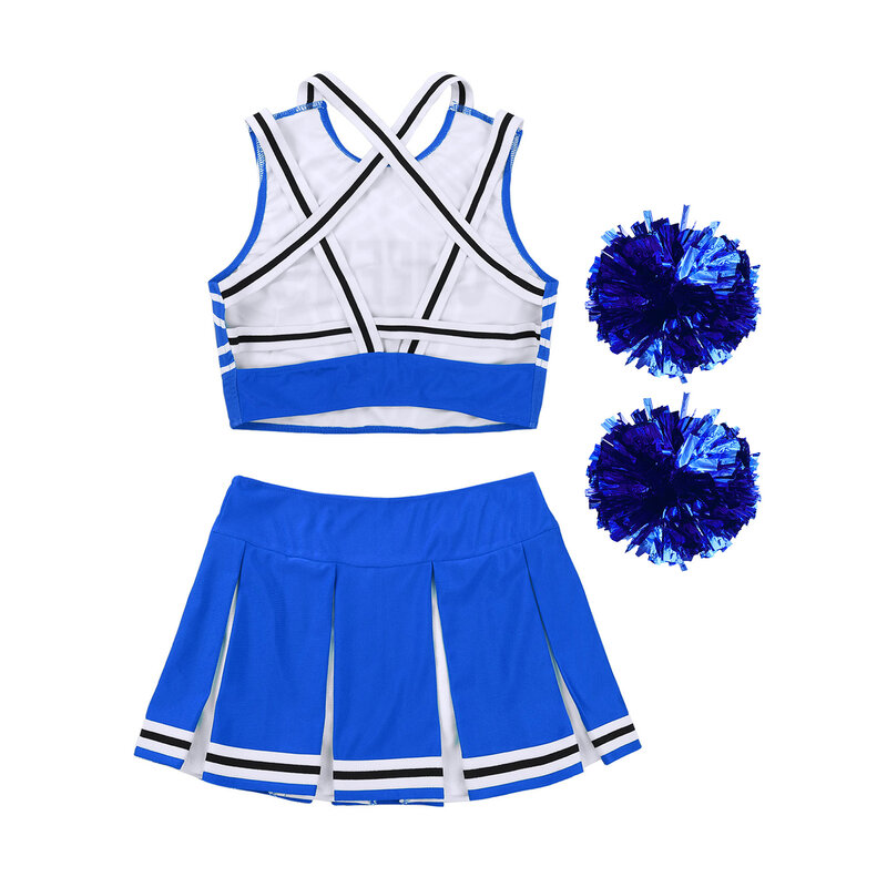 Damski strój cheerleaderek z nadrukiem, krótki top bez rękawów, z paskiem na plecach, mini plisowana spódnica i 2 szt. Kwiatowych kulek