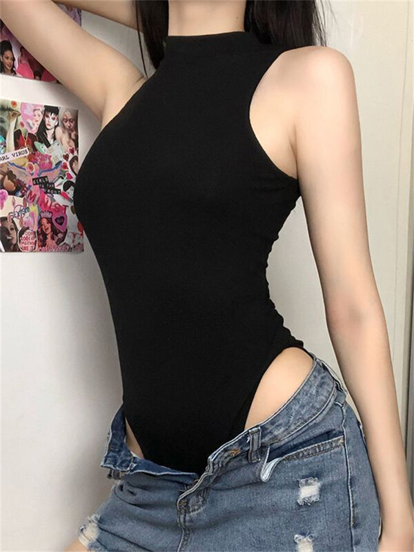 Macacão Harajuku sólido feminino, bodycon sem mangas, tops sexy de corpo preto, moda streetwear, bodysuits góticos Y2K vintage, roupas