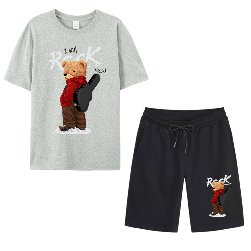 Camiseta e shorts de manga curta masculina, roupa esportiva casual de algodão, marca de moda fitness, verão, conjunto de 2 peças
