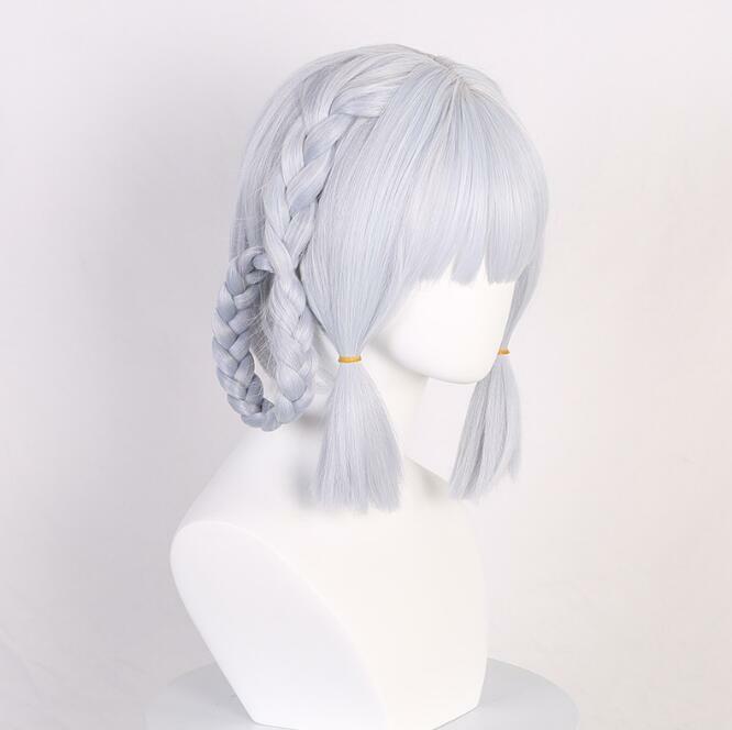 Game Genshin Impact Kamisato Ayaka Springbloom Missive Wig Short Silvery White Synthetic Hair Wig for Party