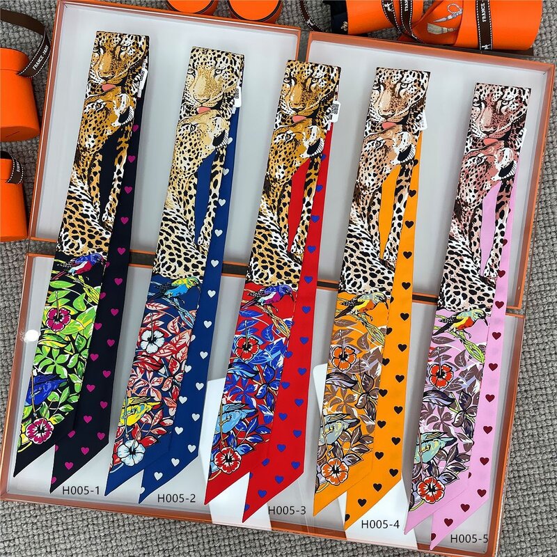 100% Silk Ribbon Leopard Grain Women's Luxury Scarves Headscarves Fashion Clothing Accessories Brand Silk Scarves High-end Gifts