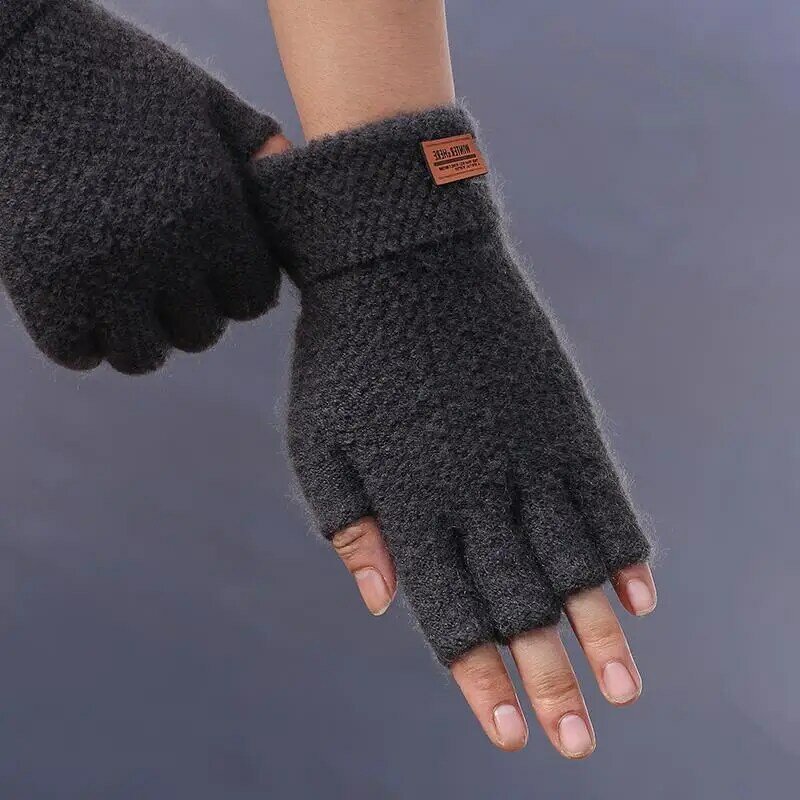 Sarung tangan musim dingin tanpa jari untuk pria, sarung tangan setengah jari kantor rajutan wol tebal Label hangat tebal elastis berkendara luar ruangan