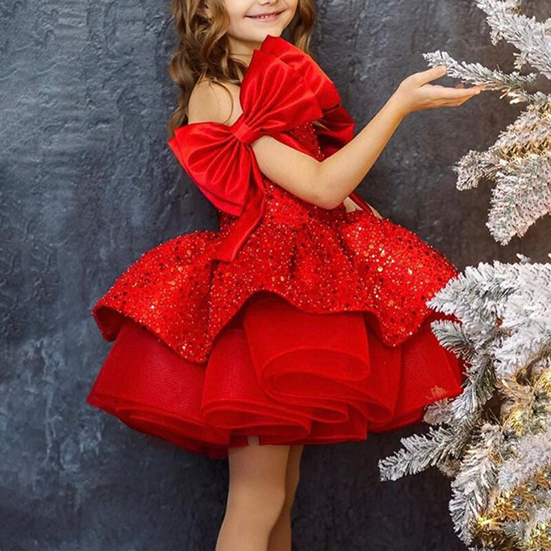 A-Linie Weihnachten Mädchen rotes Kleid Kind Pailletten Kleinkind Mädchen Plaid Bogen Tüll Tutu Party Kleider Kinder Neujahr Weihnachten