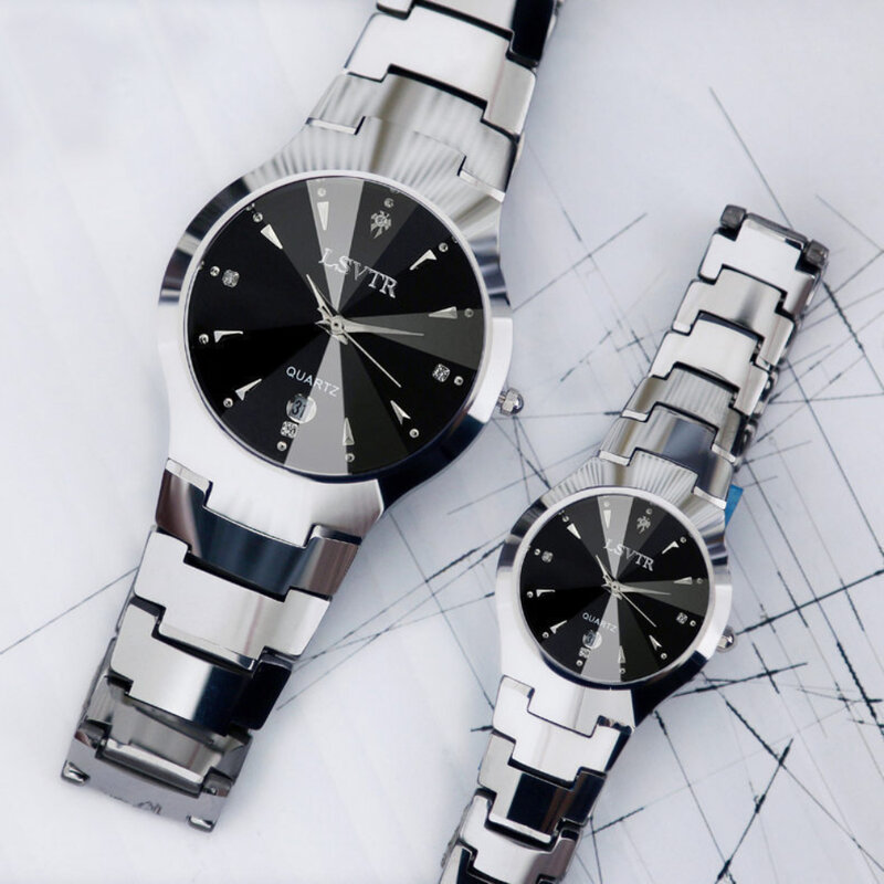 Jam tangan pasangan wanita, arloji Quartz kalender tanggal warna baja Aloi