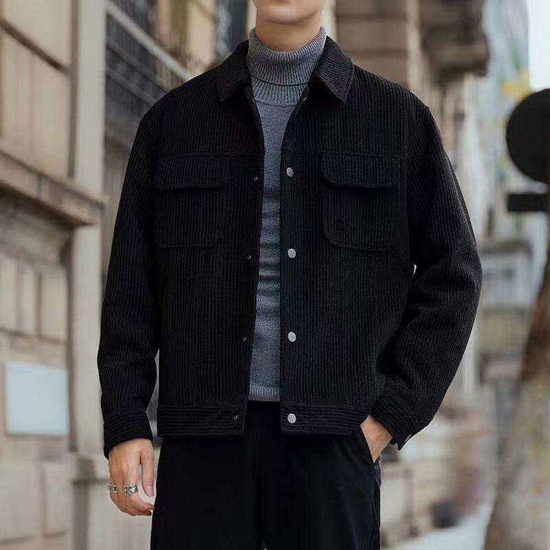 남성용 캐주얼 단색 카디건 재킷, 턴다운 칼라 포켓, 느슨한 따뜻한 두꺼운 작업복, 가을 겨울