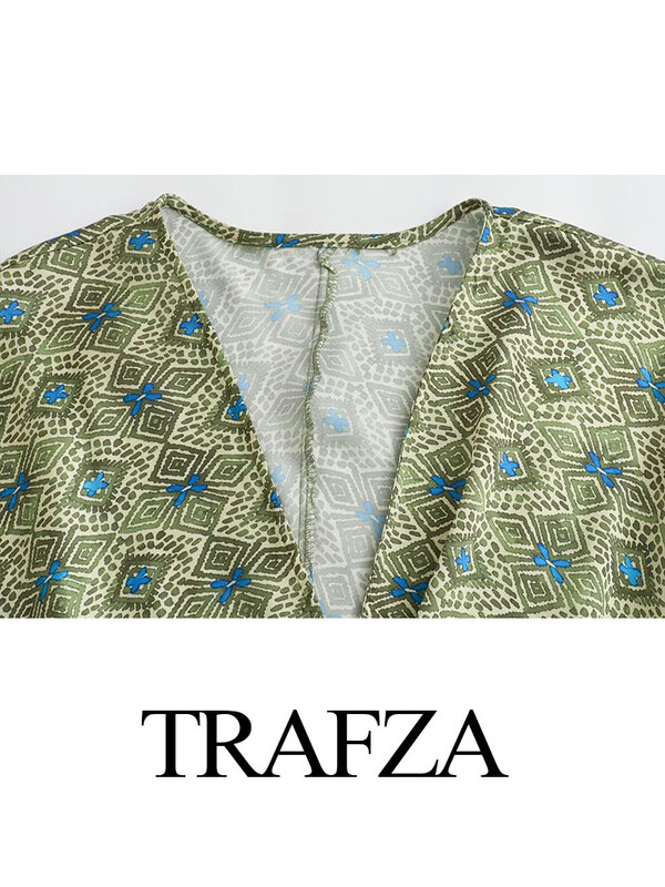 TRAFZA-Mini vestido feminino de manga curta com decote em v, vestidos femininos chiques finos, vestidos de festa na praia, combinando cores vintage, moda boho
