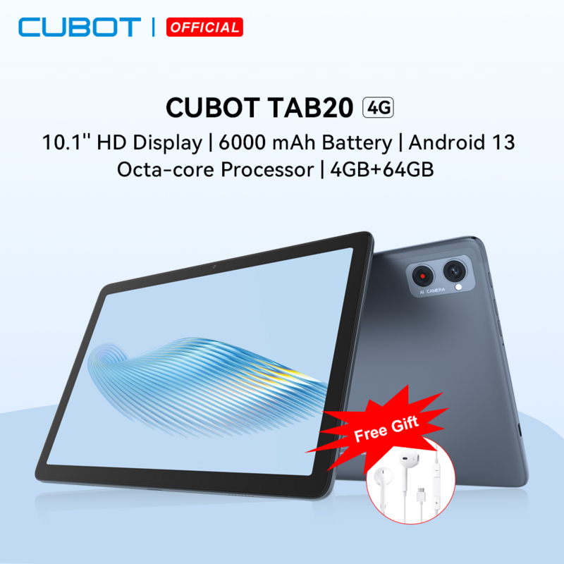 Cubot TAB 20, tablet 10 pulgadas android 13,Octa-core,Tablet de 10.1"con pantalla, 6000mAh, 4GB + 64GB (Ampliable 256GB), 4G LTE, Cámara 13MP, Tablet PC, WiFi, Tableta Ultra-Portátiles,tablet baratas y buenas, Pad, GPS