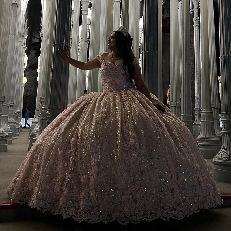 Розовое платье принцессы, бальное платье с открытыми плечами, блестящее милое платье с цветочным рисунком 16, 15 лет, мексиканское